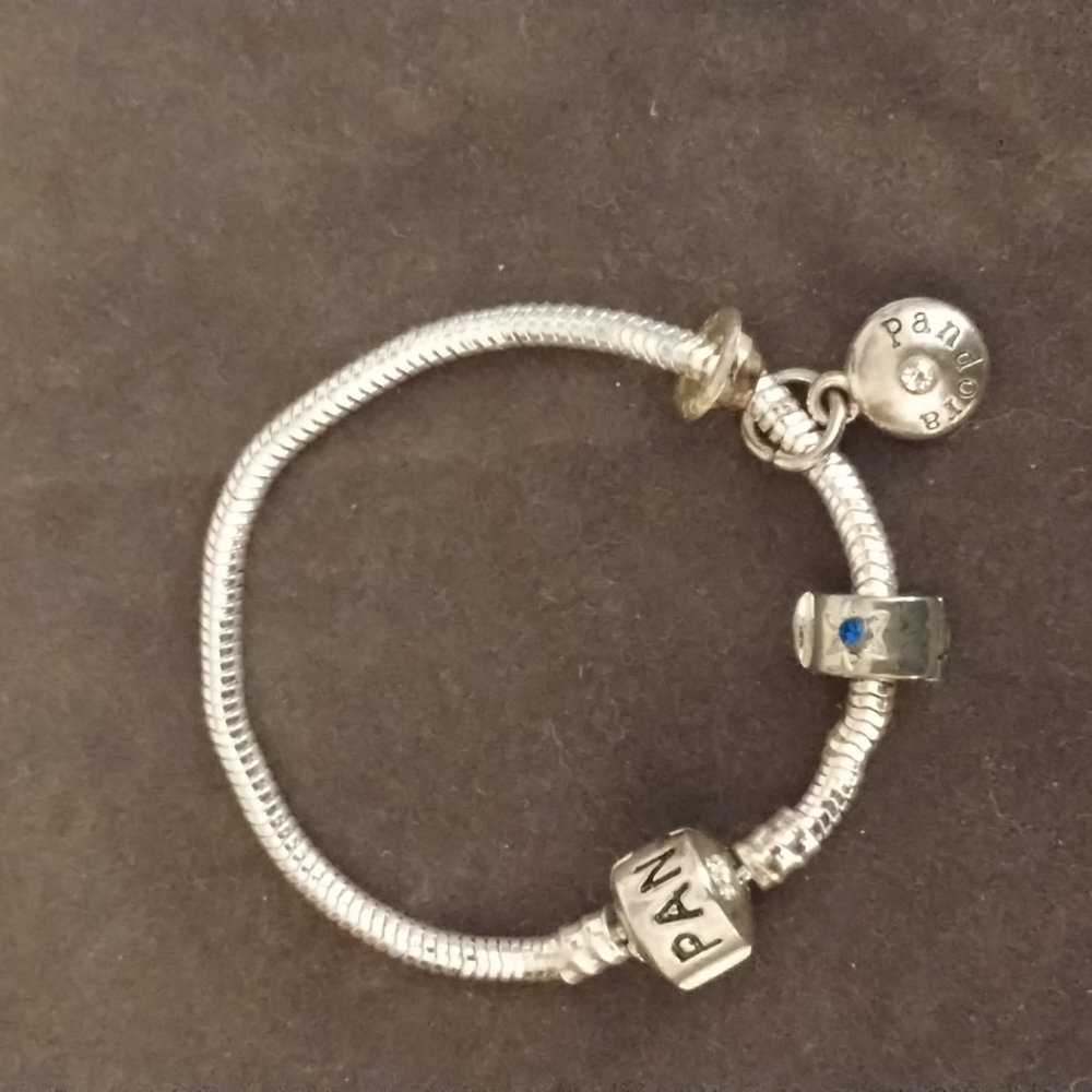 AUTHENTIC PANDORA STERLING SILVER BRACELET, 6" OUT STRAIGHT, 3 BEADS & 2 SPACERS